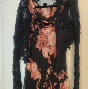Vintage 2 piece pink and black rose sequined dress with lace shrug. Size 8.